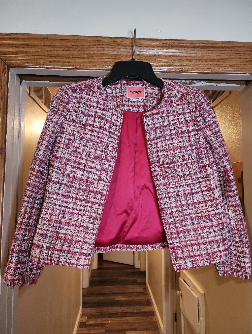 Kate Spade Pink Tweed Collarless Blazer with Fuchsia Lining